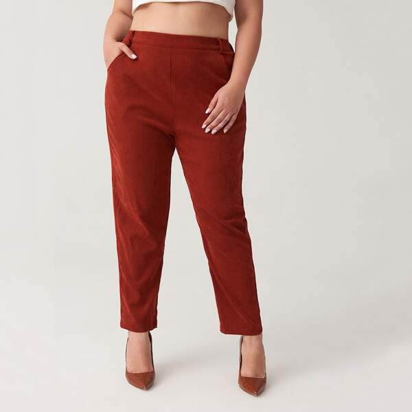 

Plus Elastic Waist Slant Pocket Pants, Rust brown