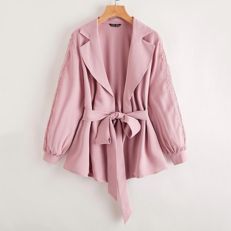 

Notched Collar Lace Panel Belted Blazer, Dusty pink
