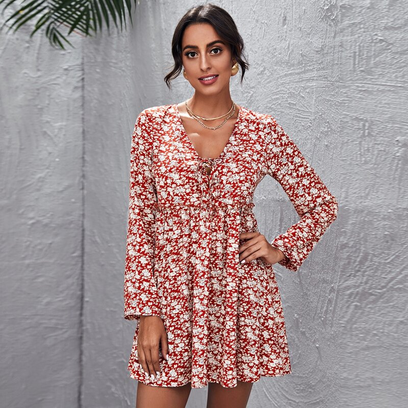 

Lace Up Front Allover Floral Dress, Red and white