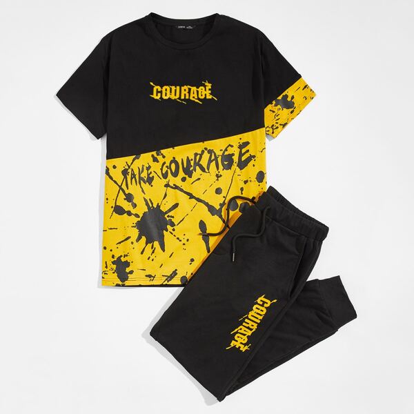 

Men Letter Graphic Colorblock Tee & Joggers Set, Black