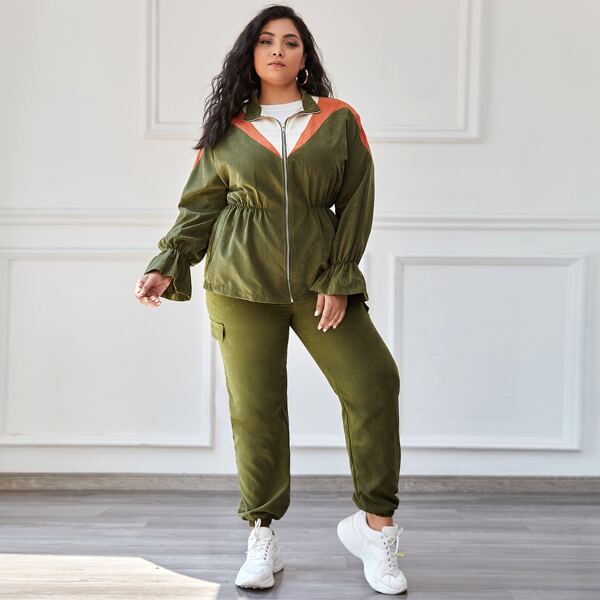 

Plus Ruffle Cuff Colorblock Jacket & Flap Detail Pants Set, Army green