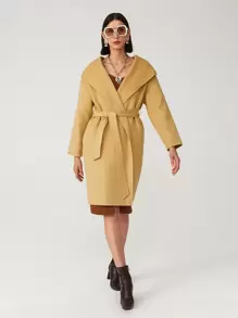 SHEIN Unity Abrigo de lana hecha a mano con capucha con cinturón - Caqui - Ver 3
