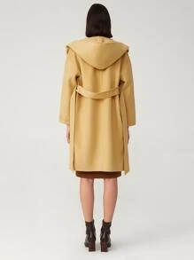 SHEIN Unity Abrigo de lana hecha a mano con capucha con cinturón - Caqui - Ver 2