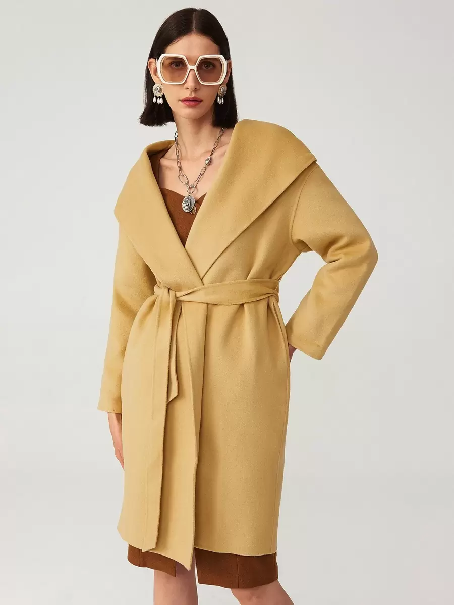 SHEIN Unity Abrigo de lana hecha a mano con capucha con cinturón - Caqui - Ver 1