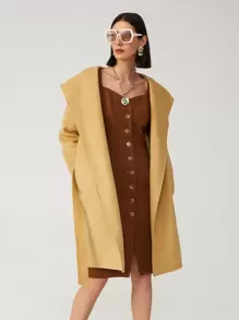 SHEIN Unity Abrigo de lana hecha a mano con capucha con cinturón - Caqui - Ver 4