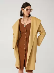 SHEIN Unity Abrigo de lana hecha a mano con capucha con cinturón - Caqui - Ver 5
