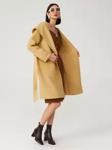 SHEIN Unity Abrigo de lana hecha a mano con capucha con cinturón - Caqui - Ver 7