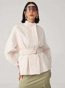 SHEIN Unity Belted Pleated Detail Handmade Wool Coat - Beige - View 1