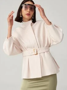 SHEIN Unity Belted Pleated Detail Handmade Wool Coat - Beige - View 3