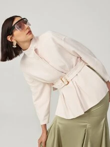 SHEIN Unity Belted Pleated Detail Handmade Wool Coat - Beige - View 4