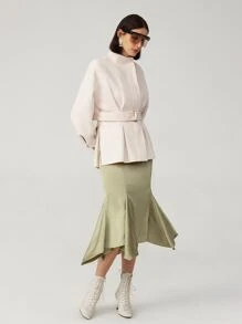 SHEIN Unity Belted Pleated Detail Handmade Wool Coat - Beige - View 5