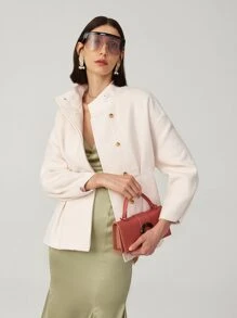 SHEIN Unity Belted Pleated Detail Handmade Wool Coat - Beige - View 7