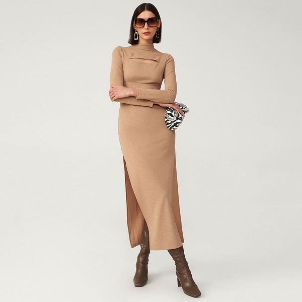 

RIBBED SPLIT THIGH MAXI DRESS, Khaki