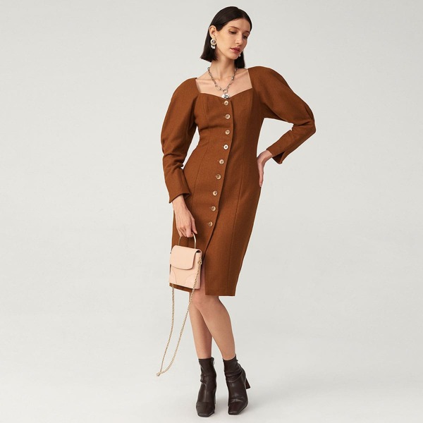 

WOOL-BLEND FITTED GIGOT SLEEVE DRESS, Rust brown