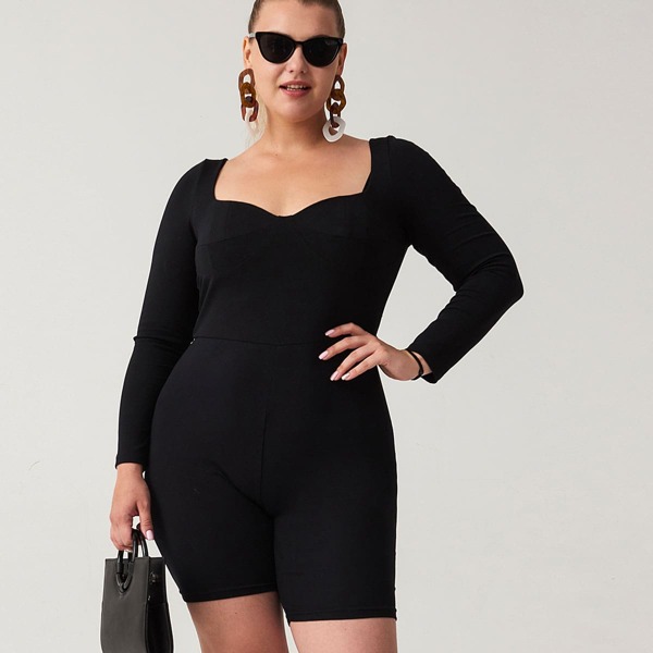 

PLUS COTTON-MIX SKINNY ROMPER, Black