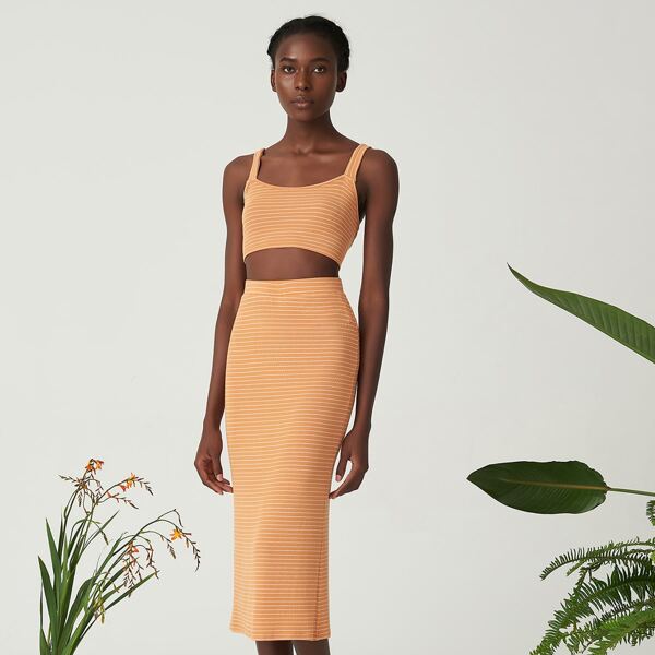 

RAYON STRIPED TOP & SKIRT SET, Orange