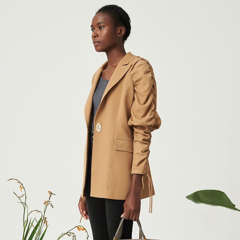 

DRAWSTRING RUCHED SLEEVE BLAZER, Camel