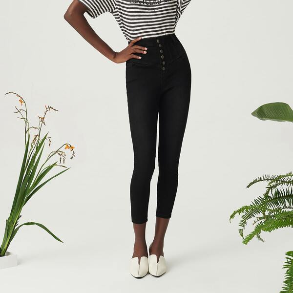 

COTTON SKINNY HIGH WAIST JEANS, Black