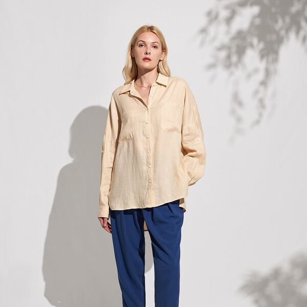 

LINEN VOLUMINOUS PATCHED POCKET SHIRT, Apricot