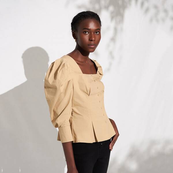 

COTTON GIGOT SLEEVE TEA BLOUSE, Khaki