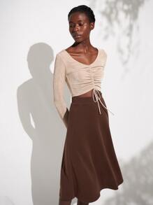 SHEIN 傘狀中長半身裙 - 咖啡棕 - 查看 3