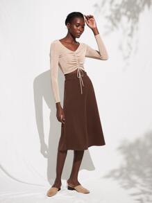 SHEIN 傘狀中長半身裙 - 咖啡棕 - 查看 4