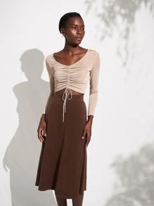 SHEIN 傘狀中長半身裙 - 咖啡棕 - 查看 5