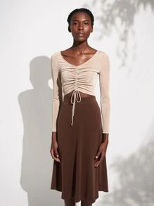 SHEIN 傘狀中長半身裙 - 咖啡棕 - 查看 7