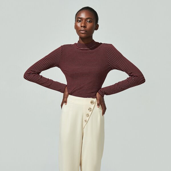 

RAYON FITTED STRIPED STAND COLLAR TOP, Burgundy