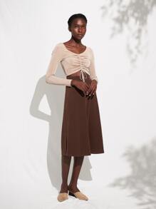 SHEIN 傘狀中長半身裙 - 咖啡棕 - 查看 10
