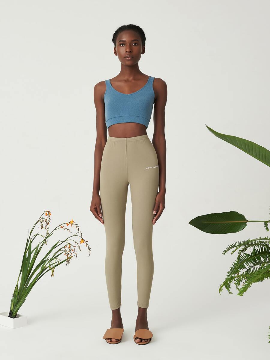 SHEIN Essnce Letter Graphic Leggings - Olive Green - View 1