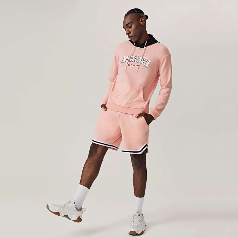 

Guys Letter Graphic Drawstring Hoodie & Track Shorts Set, Pastel baby pink