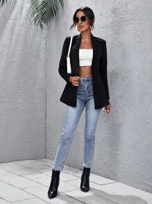 SHEIN Solid Open Front Blazer - Black - View 4