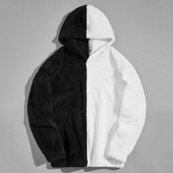 

Men Two Tone Teddy Hoodie, Black and white