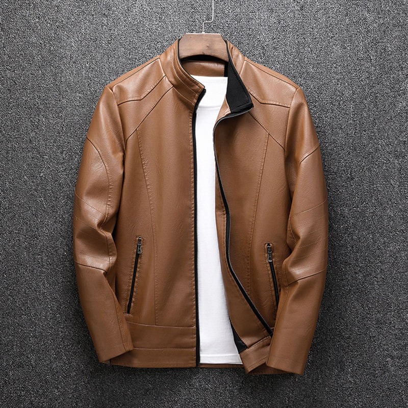 

Guys PU Leather Zip-up Solid Jacket, Brown