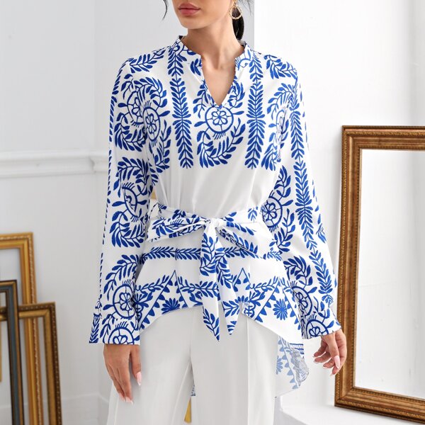 

Plants Print High Low Blouse With Belt, White