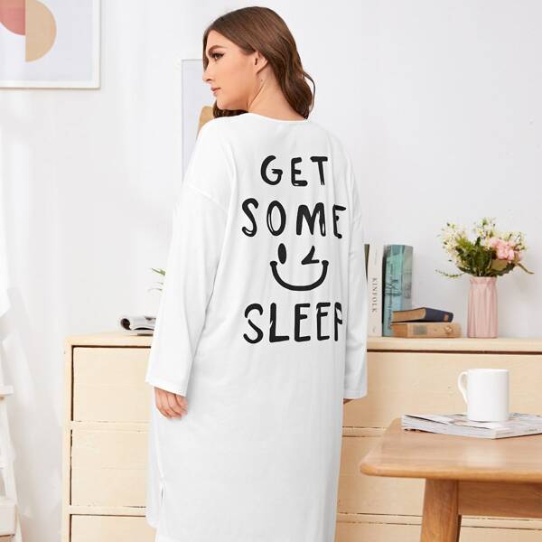 

Plus Slogan Graphic Drop Shoulder Split Hem Night Dress, White