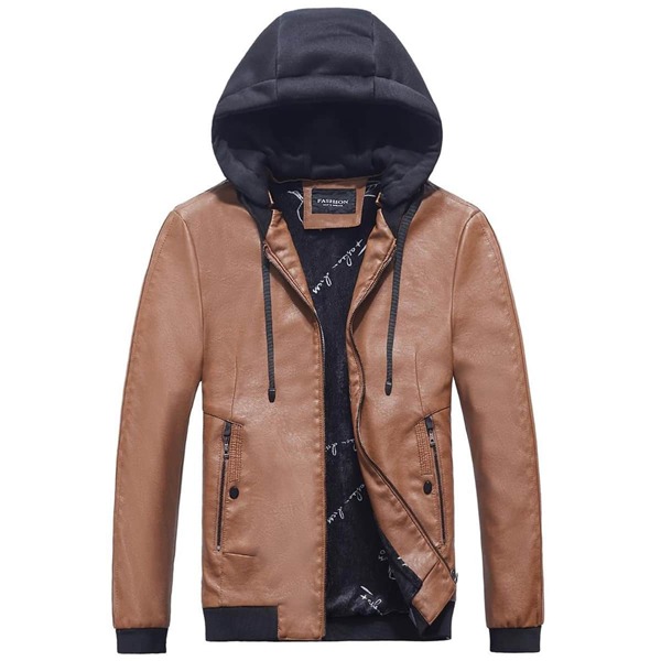 

Men Color Block Zip Up Drawstring Hooded PU Leather Jacket, Brown