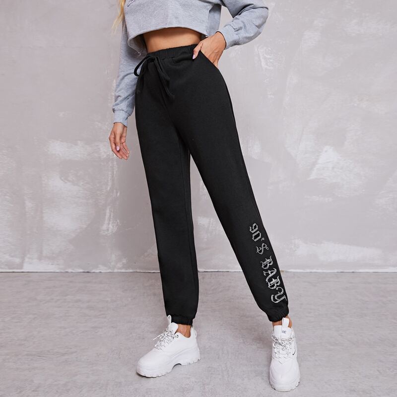 

Letter Rhinestone Drawstring Waist Sweatpants, Black