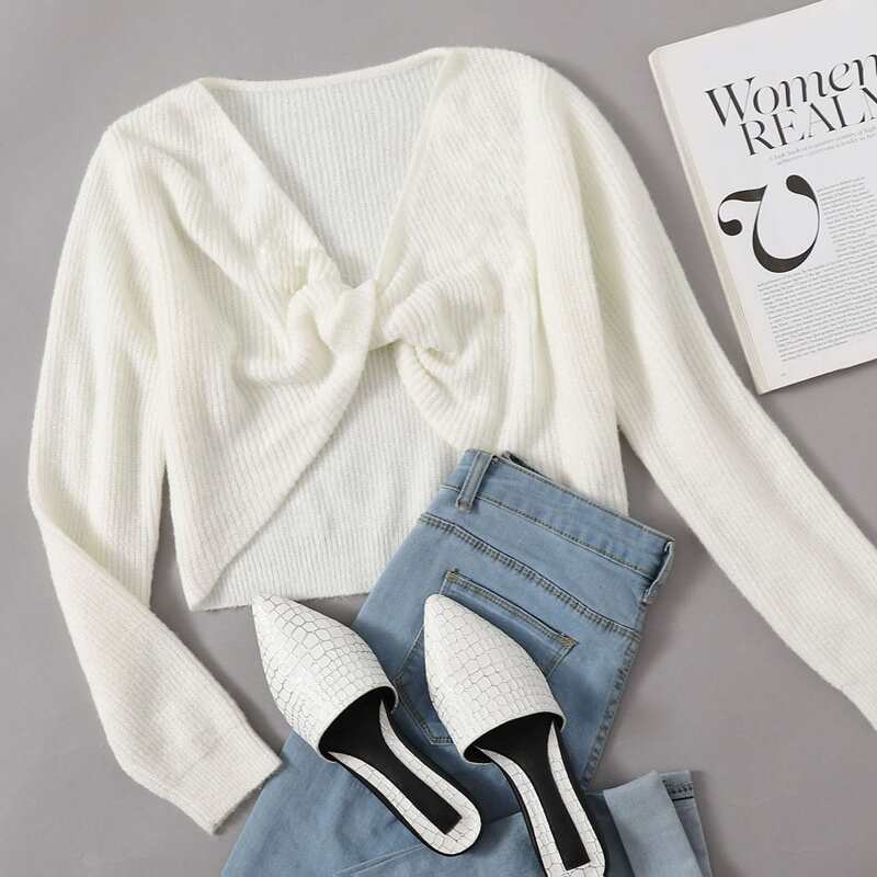 

Twist Front Rib-knit Sweater, White
