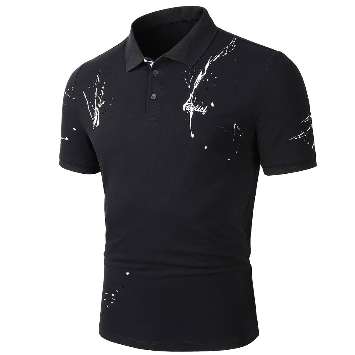 

Guys Letter Embroidery Paint Splatter Pattern Polo Shirt, Black