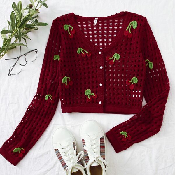 

Cherry Embroidery Button Front Open Knit Cardigan, Burgundy