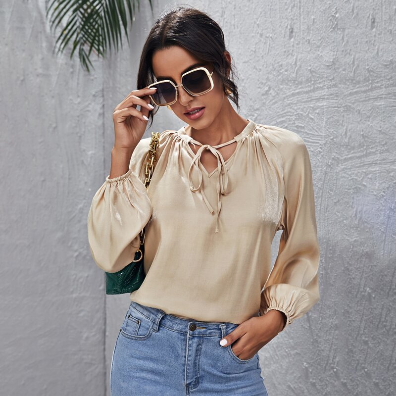 

Tie Neck Lantern Sleeve Solid Top, Khaki