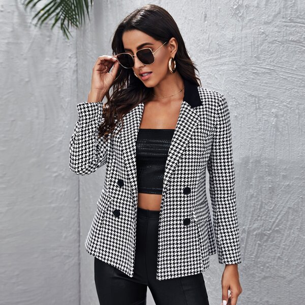 

Notched Collar Double Breasted Houndstooth Tweed Blazer, Black and white