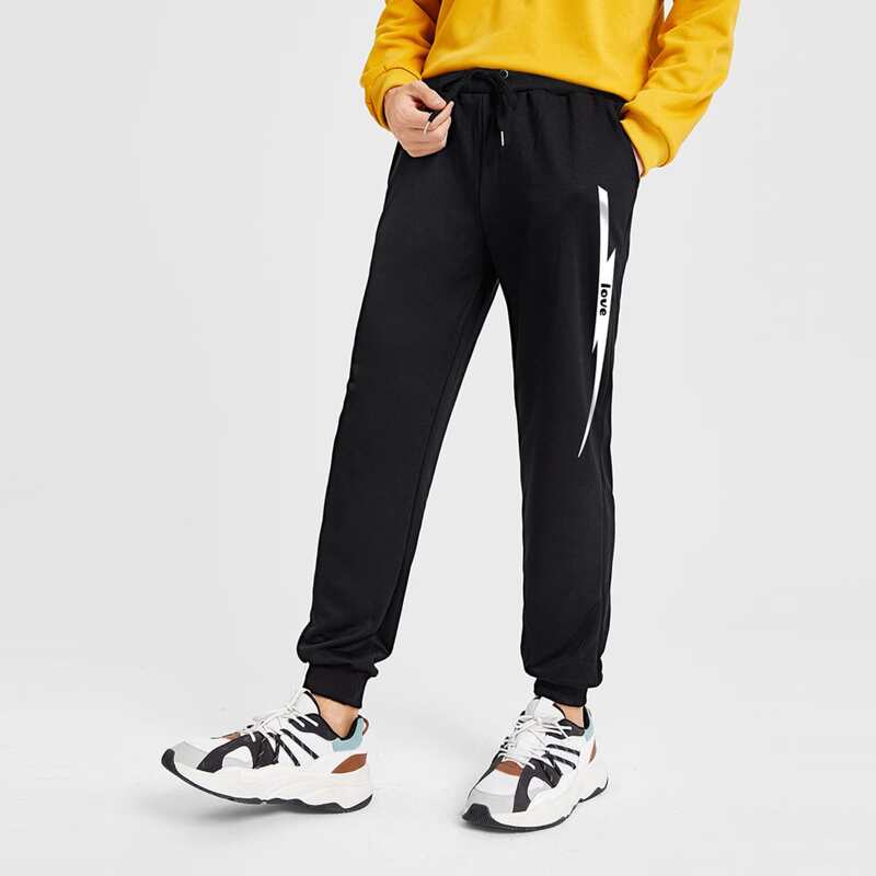 

Guys Letter Graphic Drawstring Pants, Black