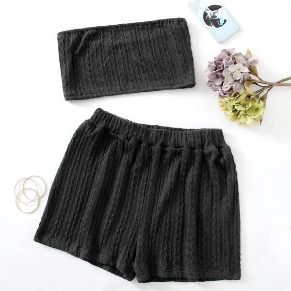

Plus Solid Tube Top & Shorts Pajama Set, Black