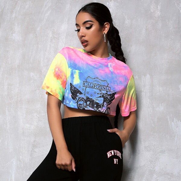 

Motorcycle & Letter Graphic Tie Dye Crop Tee, Multicolor