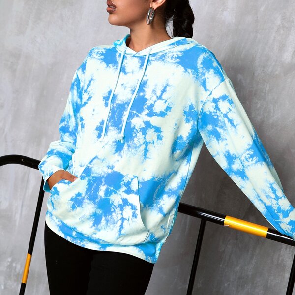 

Drop Shoulder Tie Dye Drawstring Hoodie, Blue and white