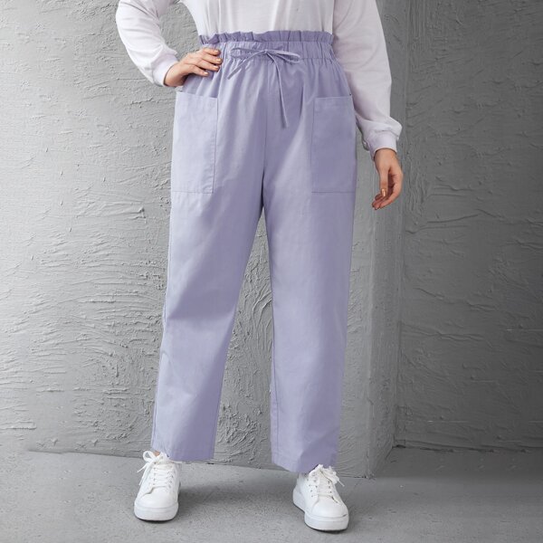 

Plus Dual Pockets Drawstring Paperbag Waist Pants, Lilac purple