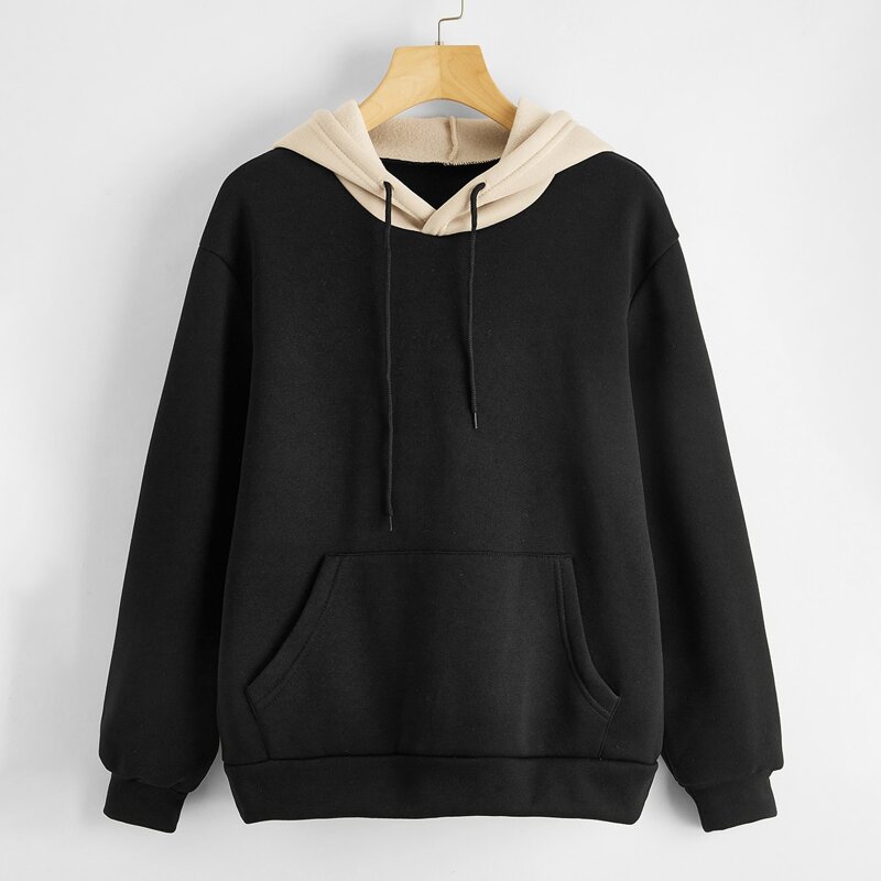 

Kangaroo Pocket Color Block Drawstring Hoodie, Black